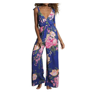 Maaji Floralia Kennedy Beachwear Floral Jumpsuit Wide Leg Blue Pink Ties Medium